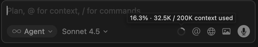Screenshot of Cursor's context monitor showing "16.3% • 32.5K / 200K context used" in the top toolbar